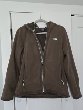 The North Face Olive Green Fleece Zip Jacket Hoodie with Mint Accents Size Large